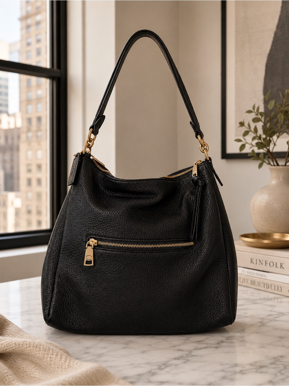 Coach Black Leather Shoulder Bag with Gold Hardware